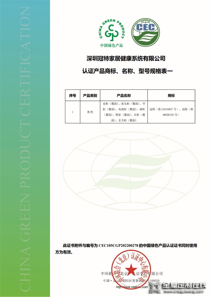 冠特除醛家居荣获得“中国绿色产品”认证！